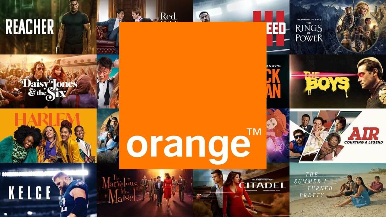 El logo de Orange sobre un mosaico con series de Prime Video