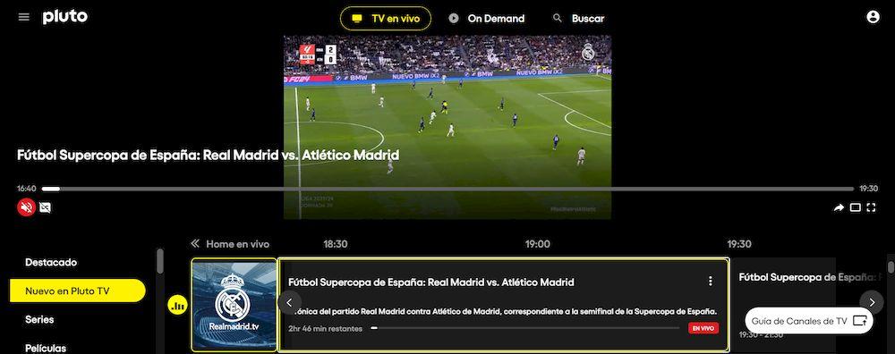Interfaz de Pluto TV con el canal Real Madrid TV en pantalla