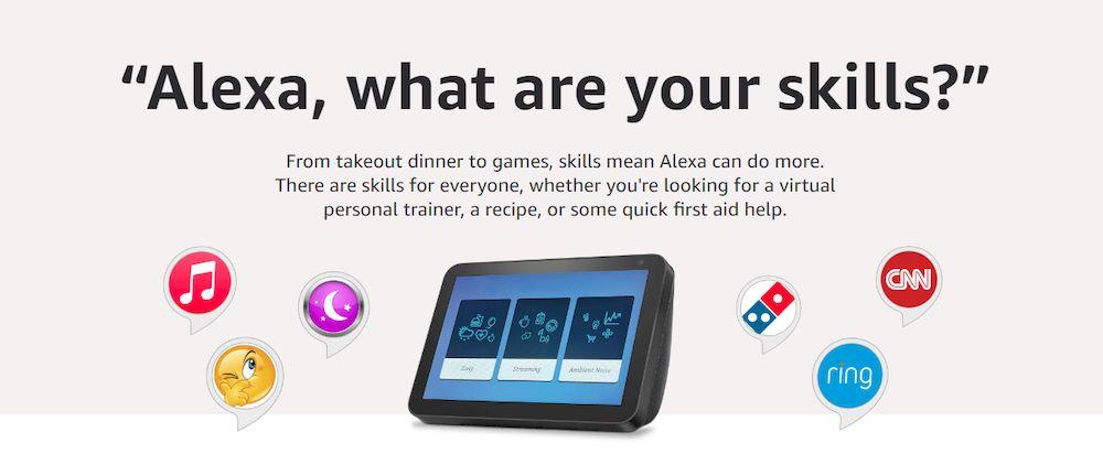 Un dispositivo con Alexa y algunas de sus skills alrededor