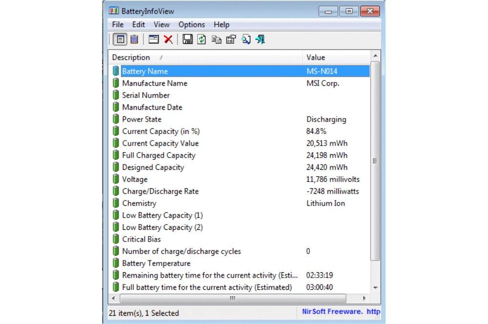 Captura de la aplicación BatteryInfoView para Windows.