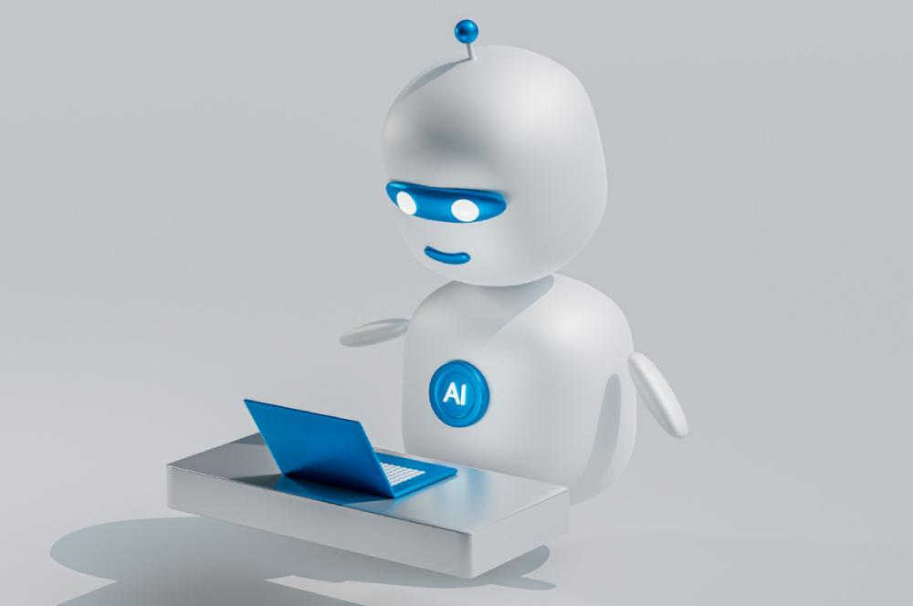 Un robot o bot de inteligencia artificial utiliza un portátil.