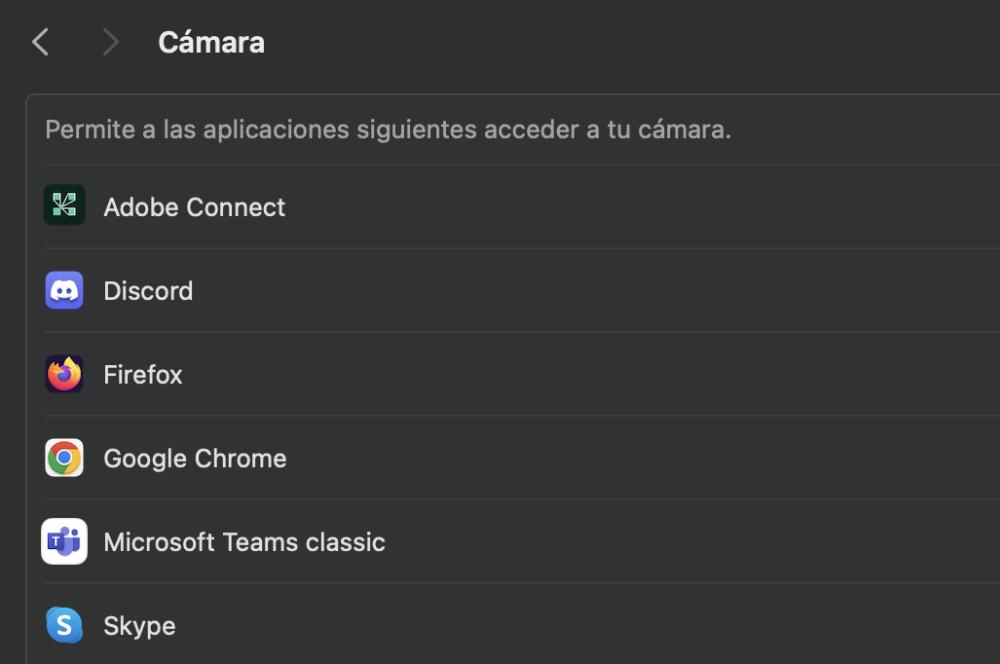 Ajustes de acceso a la webcam en macOS.