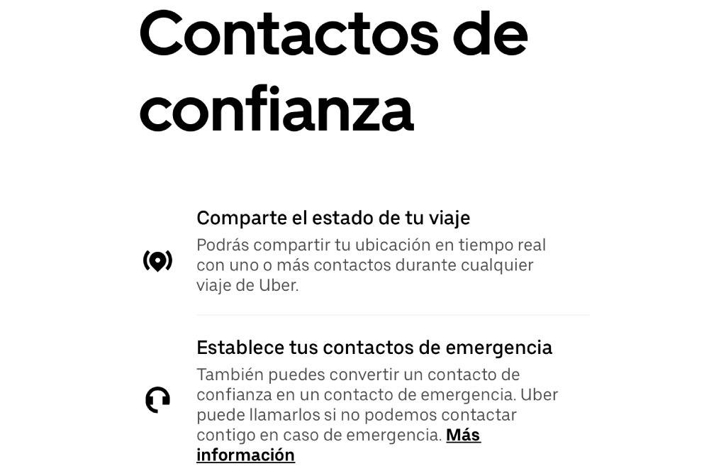 Sección de Contactos de confianza de Uber.
