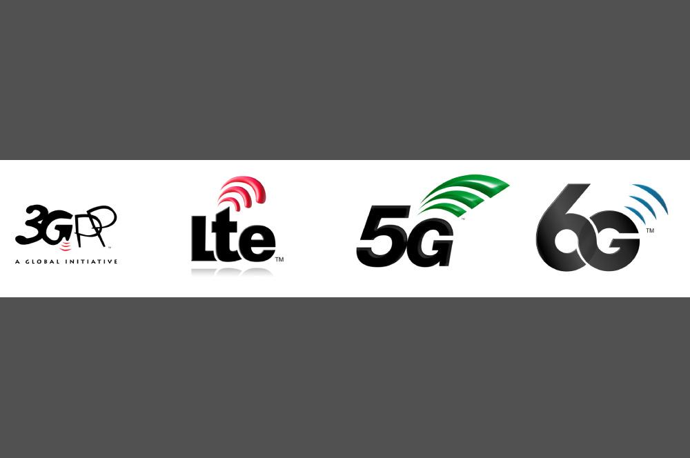 Distintos logotipos de las redes 3G, Lte, 5G y 6G.
