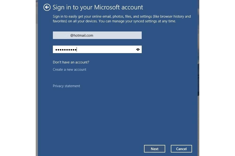 Pantalla para configurar Windows con una cuenta de Microsoft.