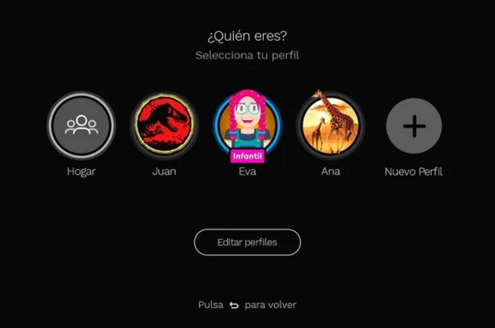 Captura de pantalla del menú perfiles de Movistar Plus+.