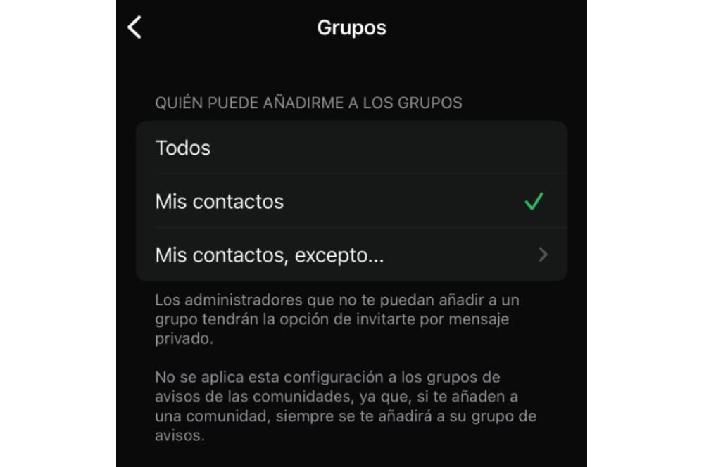 Ajustes en WhatsApp para limitar la adhesión a grupos.