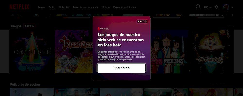 Mensaje en pantalla de Juegos Beta dentro de Netflix