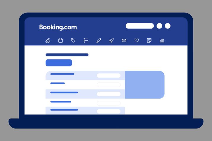 Ilustración de un ordenador portátil que muestra la interfaz de gestión de Booking.com con menús de navegación y listados.