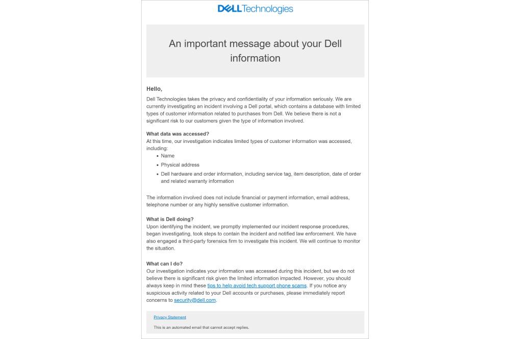 Correo electrónico que ha enviado Dell a los afectados
