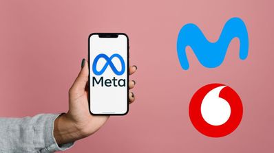 Móvil con el logo de Meta y los logos de Movistar y Vodafone