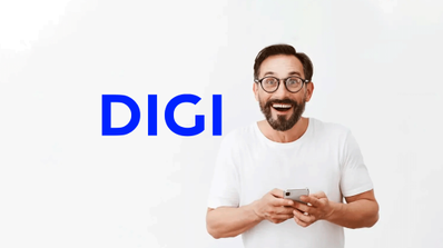 hombre sujetando un móvil junto al logo de Digi