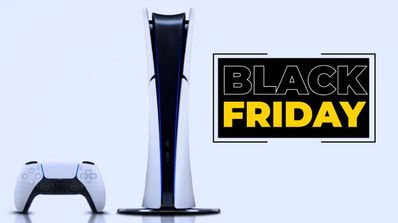 Una foto de la consola PS5 Slim con el cartel del Black Friday