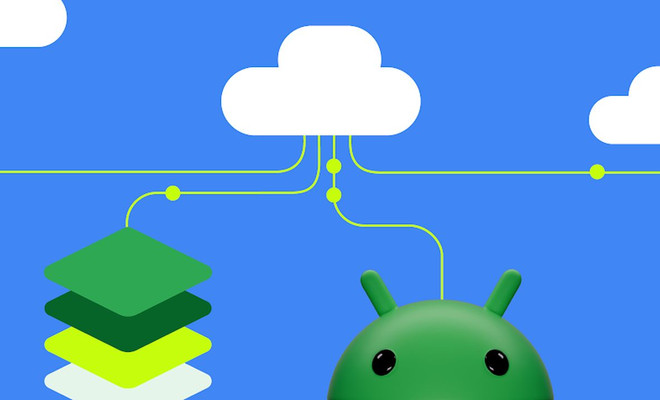 El robot de Android en un gráfico con nubes de actualizaciones