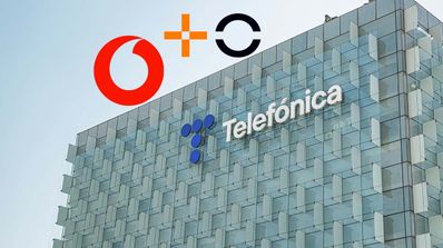 edificio Telefónica logos Vodafone MasOrange