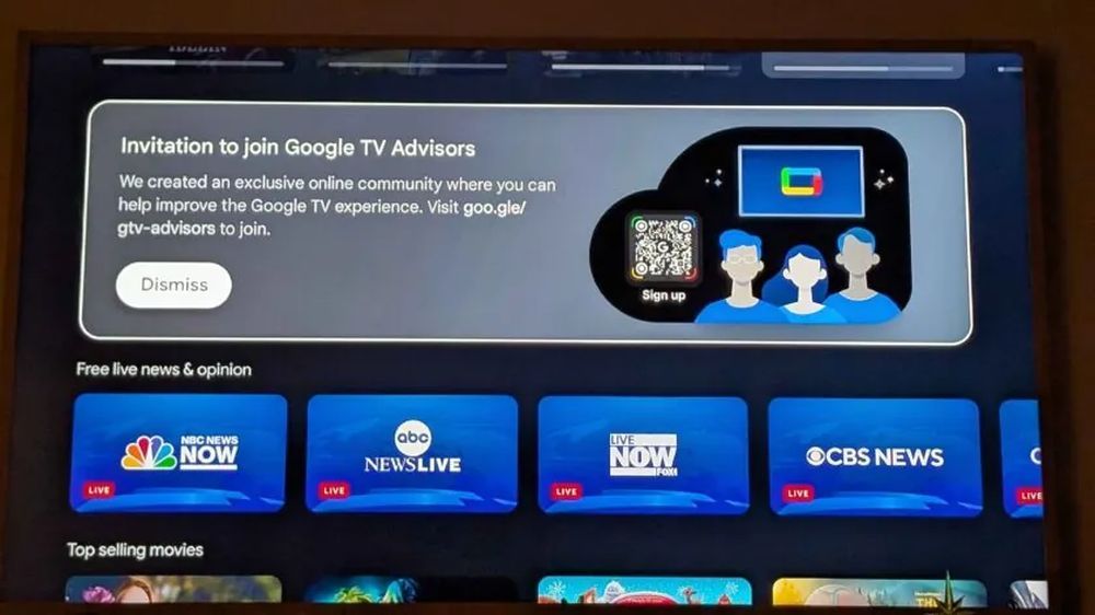 Invitación de Google TV Advisors mostrada en la interfaz de la televisión