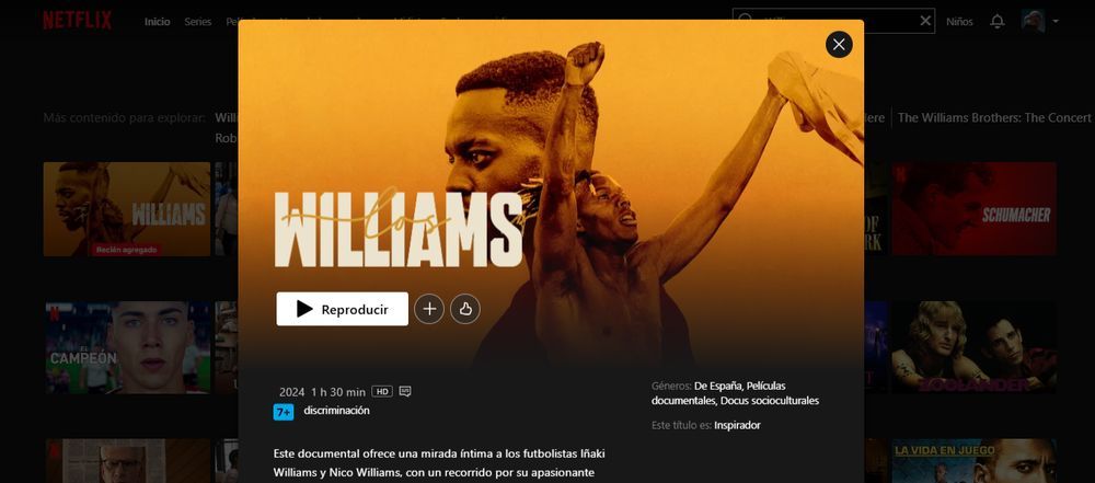 El documental Los Williams en la interfaz de Netflix