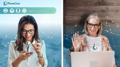 Mujeres usando móvil y ordenador