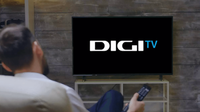 Interfaz de la aplicación Digi TV funcionando en un televisor inteligente, con el menú de canales y guía de programación visible