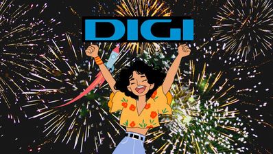 Una chica contenta con el logo de Digi y fuegos artificiales
