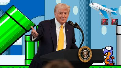 Donald Trump con un fondo de Super Mario y la consola Nintendo Switch 2