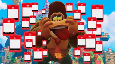 Donkey Kong en su momento Bananza con cartuchos de Nintendo Switch 2