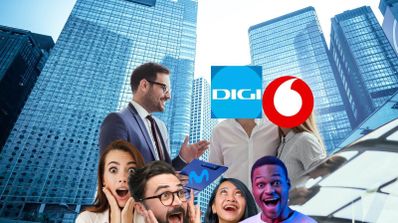 Un ejecutivo tanteando una posible operación con logos de Digi y Vodafone