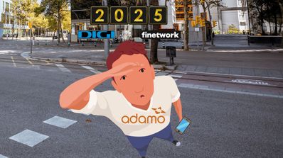 Un hombre mirando al cielo con los logos de Digi, Adamo y Finetwork