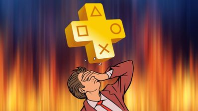 Logo de PlayStation Plus y un hombre echándose la mano a la cabeza