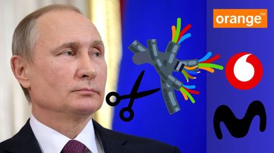 Putin y una tijera cortando cables con los logos de las operadoras