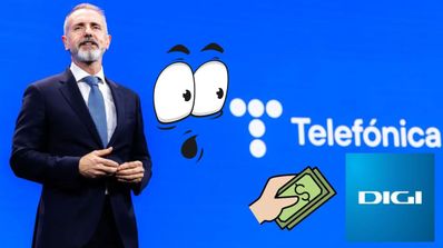Marc Murtra con el logo de Telefónica y el de Digi, además de unos ojos de sorpresa