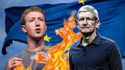 Mark Zuckerberg y Tim Cook y la bandera de la UE