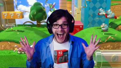 Un chico gamer contento con un fondo de Mario detrás