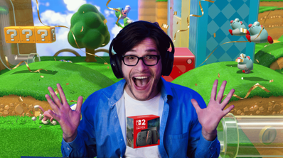 Un chico gamer contento con un fondo de Mario detrás