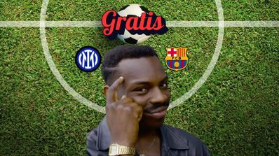 Un hombre inteligente con los logos de Barcelona e Inter de la Champions