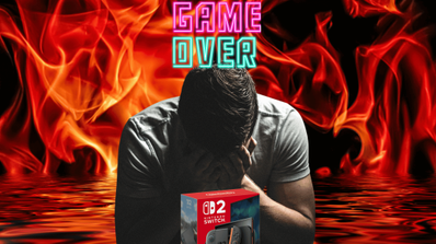 Un chico llorando con fuego detrás y la consola Nintendo Switch 2