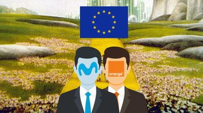 Ejecutivos de Movistar y Orange dibujados con la bandera de la Unión Europea