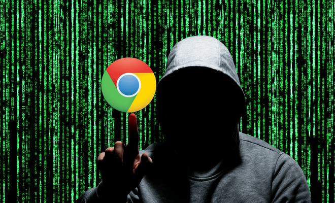 Un hacker sobre un fondo de letras de Matrix con el logo de Chrome
