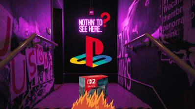Logo de Sony con una caja de Nintendo Switch 2 con fuego