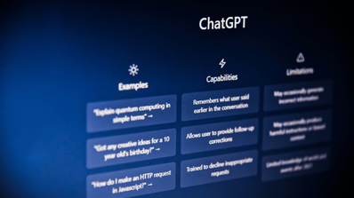 Ilustración conceptual de la interfaz de un chatbot de inteligencia artificial en un ordenador portátil, mostrando opciones de configuración