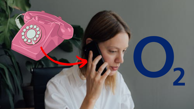 mujer recibiendo llamada por el móvil con logo O2
