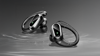 Auriculares deportivos inalámbricos Poounur Q78 en su estuche de carga abierto, mostrando la pantalla LED con el porcentaje de batería