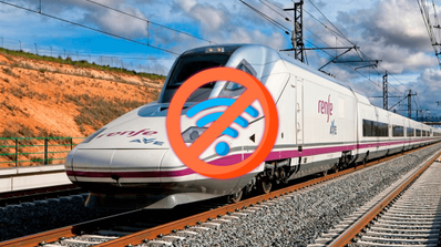 Icono de señal WiFi sobre un tren de alta velocidad, ilustrando la problemática de la conectividad en el transporte ferroviario en España.