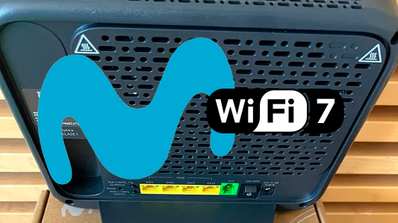 Ilustración conceptual del nuevo router Movistar Smart WiFi 7 en posición vertical, destacando su puerto LAN azul de 10 Gbps y su soporte desmontable.