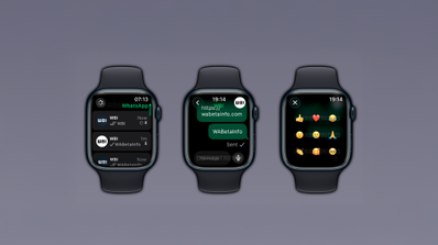 Interfaz de la aplicación beta de WhatsApp en un Apple Watch, mostrando la lista de chats recientes y el nuevo indicador de estado de la conexión