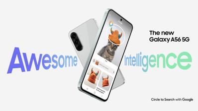 Cartel promocional del Samsung Galaxy A56 5G mostrando su pantalla y su parte posterior