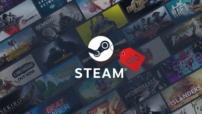 Logo de Steam sobre una gran selección de juegos rebajados
