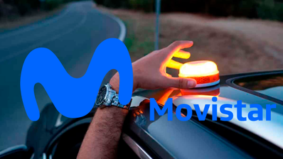 Baliza V16 conectada Fase Light de Movistar, dispositivo de emergencia color naranja con luz LED, promocionada durante las Blue Weeks 2025.