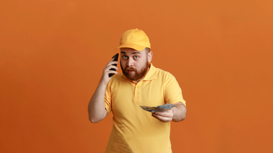 hombre hablando por teléfono y sujetando dinero