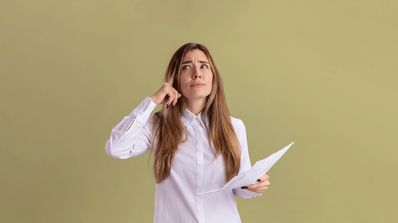 mujer pensando sujetando el contrato